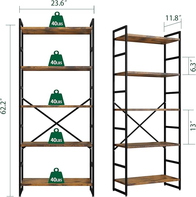 Walsunny Bookshelf, 5 Tier Bookshelves, Home Office Bookcase Shelf Storage Organizer, Free Standing Storage Shelving Unit for Bedroom, Living Room and Home Office,Rustic Brown - LeafyLoom