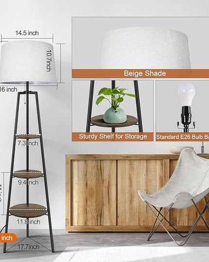 OUTON Tripod Floor Lamp with Shelves, Modern Shelf Floor Lamp with 3 Color Temperature, LED Dimmable Tall Standing Corner Lamp with Beige Linen Texture Shade for Living Room, Bedroom, Office, Vintage - LeafyLoom