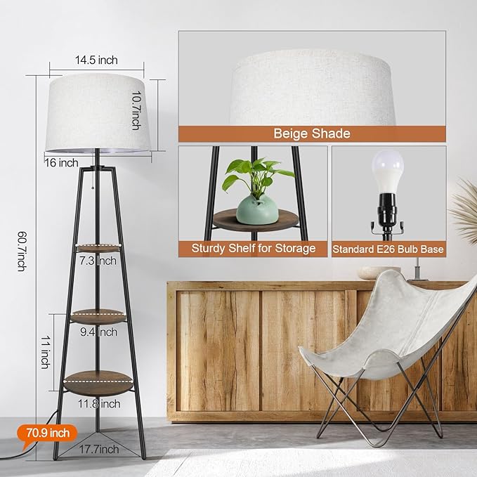 OUTON Tripod Floor Lamp with Shelves, Modern Shelf Floor Lamp with 3 Color Temperature, LED Dimmable Tall Standing Corner Lamp with Beige Linen Texture Shade for Living Room, Bedroom, Office, Vintage - LeafyLoom