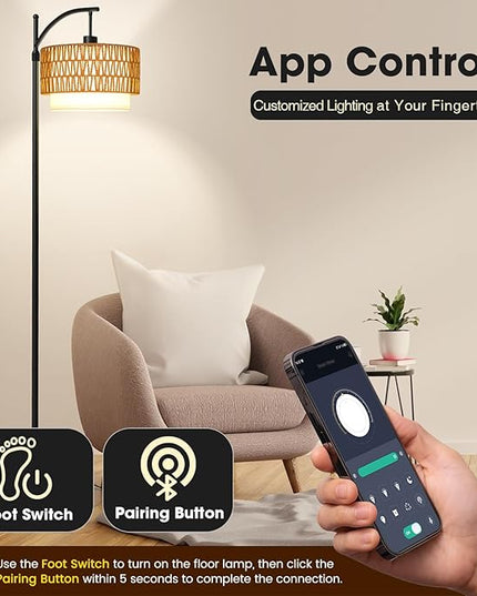 Arc Floor Lamp with 10 Color Temperatures, 10 Brightness, Remote & App Control, Boho Tall Standing Lamps with Smart Bulb, Rattan & Fabric Double Drum Shade for Living Room, Bedroom, Home Office - LeafyLoom