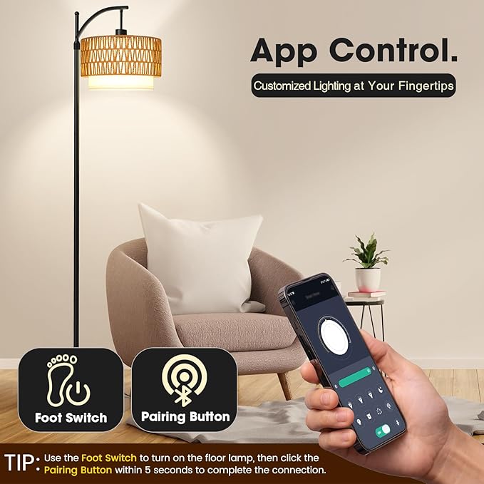 Arc Floor Lamp with 10 Color Temperatures, 10 Brightness, Remote & App Control, Boho Tall Standing Lamps with Smart Bulb, Rattan & Fabric Double Drum Shade for Living Room, Bedroom, Home Office - LeafyLoom