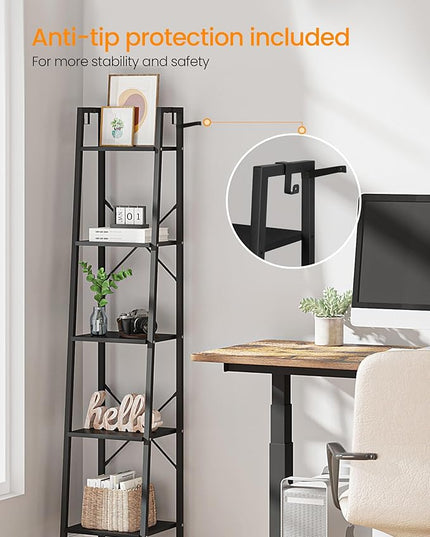 Ladder Shelf, Bookshelf Bookcase, Freestanding Corner Storage Shelve with 2 Hooks for Home Office, Living Room, Kitchen, Bedroom, Industrial, 5-Tier Black BC03204B - LeafyLoom