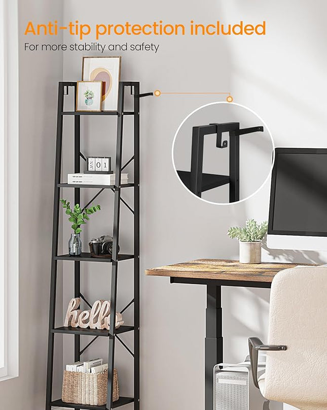 Ladder Shelf, Bookshelf Bookcase, Freestanding Corner Storage Shelve with 2 Hooks for Home Office, Living Room, Kitchen, Bedroom, Industrial, 5-Tier Black BC03204B - LeafyLoom