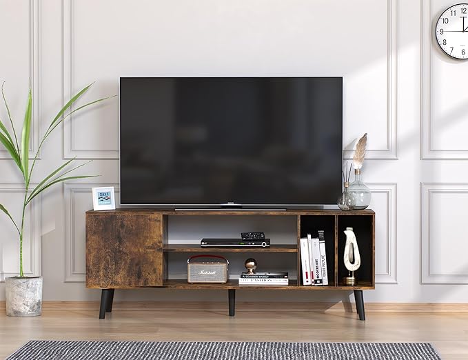Yusong TV Stand for 55/65 inch TV, Mid Century Modern TV Console Table, Media Entertainment Center with Storage for Living Room Bedroom, Wood TV Cabinet, Rustic Brown - LeafyLoom