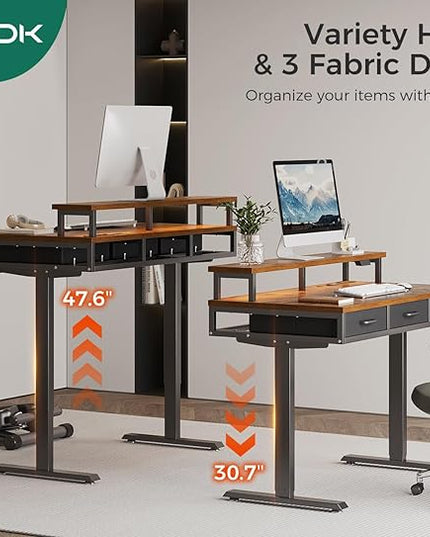 AODK 47 Inch Electric Standing Desk with 3 Drawers, Brown, Height Adjustable Desk with Power Outlets & LED Lights, Stand Up Desk with Monitor Shelf, Sit Stand Desk Computer Workstation - LeafyLoom
