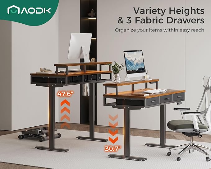 AODK 47 Inch Electric Standing Desk with 3 Drawers, Brown, Height Adjustable Desk with Power Outlets & LED Lights, Stand Up Desk with Monitor Shelf, Sit Stand Desk Computer Workstation - LeafyLoom