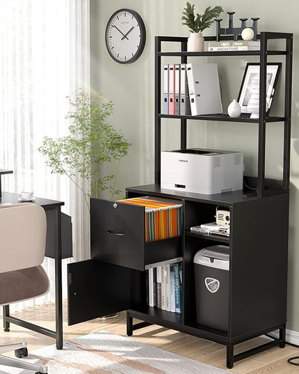 Homieasy Vertical Filing Cabinet with Lock & Charging Station, Large Drawer Wood File Cabinet with Bookshelf, Printer Stand with Open Storage Shelf, fits Letter Size for Home Office, Black - LeafyLoom