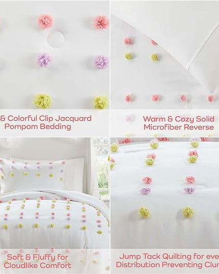 Mi Zone Kids Twin Comforter Set, Fun and Adorable Multi-Color Clipped Jacquard Pompom Bedding, Microfiber Lightweight All Seasons Down Alternative Bedding, Sham, Cora, Twin Pink Multi 2 Piece - LeafyLoom