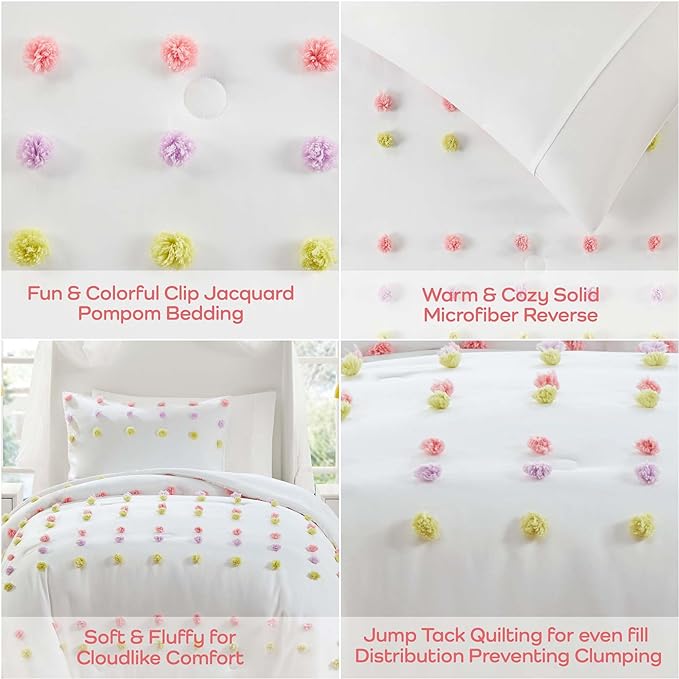 Mi Zone Kids Twin Comforter Set, Fun and Adorable Multi-Color Clipped Jacquard Pompom Bedding, Microfiber Lightweight All Seasons Down Alternative Bedding, Sham, Cora, Twin Pink Multi 2 Piece - LeafyLoom