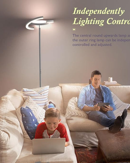 FIMEI Modern LED Floor Lamp Saturn Ring Original Design, Stepless Dimming and 3 Color Temperature, Rotatable and Independent Control of Round Light and Ring Light for Living Room Bedroom Office, Gray - LeafyLoom