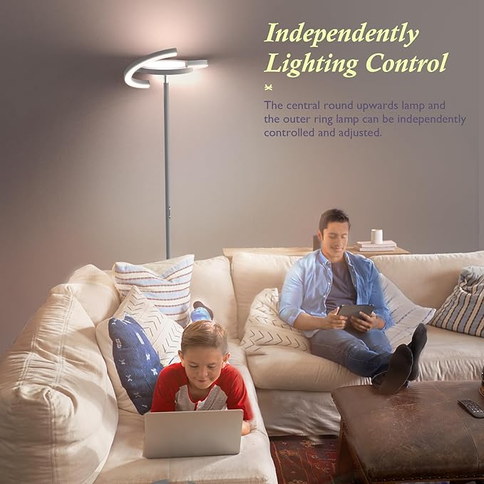 FIMEI Modern LED Floor Lamp Saturn Ring Original Design, Stepless Dimming and 3 Color Temperature, Rotatable and Independent Control of Round Light and Ring Light for Living Room Bedroom Office, Gray - LeafyLoom