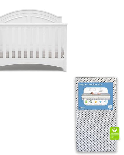Delta Children Perry 6-in-1 Convertible Crib - Greenguard Gold Certified, Bianca White + Simmons Kids Radiant Sky Dual Sided Baby Crib Mattress and Toddler Mattress (Bundle) - LeafyLoom