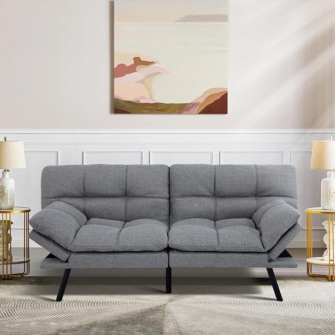 MUUEGM Futon Sofa Bed Convertible Memory Foam Sleeper Couch,Modern Loveseat for Living Room,Small Compact Space,Dorm,Office,Adjustable Armrests Backrest Sofabed, Linen Light Grey - LeafyLoom