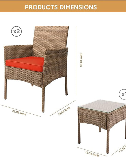 YIYAN 3 Pieces Patio Bistro Set Outdoor Wicker Furniture Outdoor Porch PE Rattan Wicker Chairs Furniture Sets with Sofa Chairs,Glass Coffee Table and Red Washable Cushion - LeafyLoom