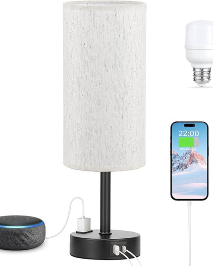 Light Beige Table Lamp for Nightstand - 3 Way Dimmable Bedside Lamp for Bedroom with USB C A Charging Ports and AC Outlet, Small Desk Lamp with Black Base for Living Room, Office, LED Bulb Included - LeafyLoom