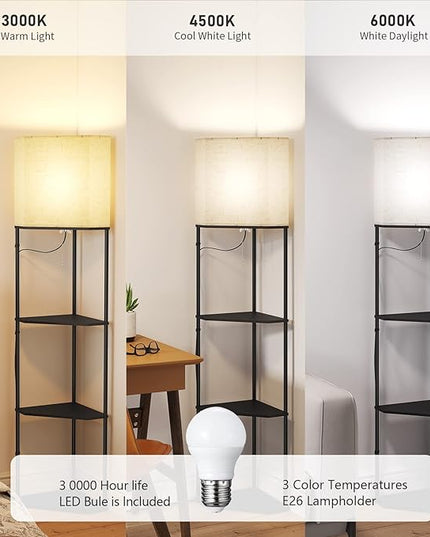 SUNMORY Sector corner shelf lamp 3 color temperatures LED Bulb,corner lamp with linen lampshade, floor lamps for living room, bedroom, study，black corner lamp with shelves - LeafyLoom
