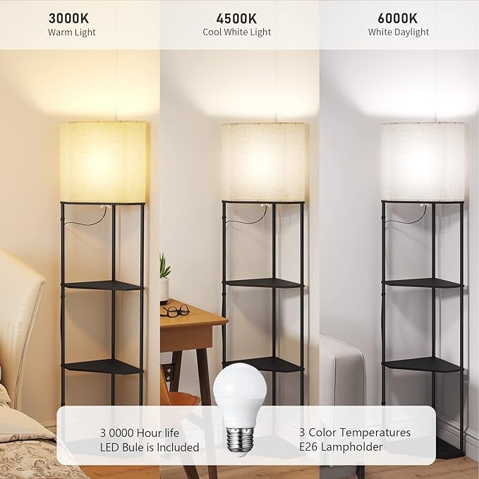 SUNMORY Sector corner shelf lamp 3 color temperatures LED Bulb,corner lamp with linen lampshade, floor lamps for living room, bedroom, study，black corner lamp with shelves - LeafyLoom