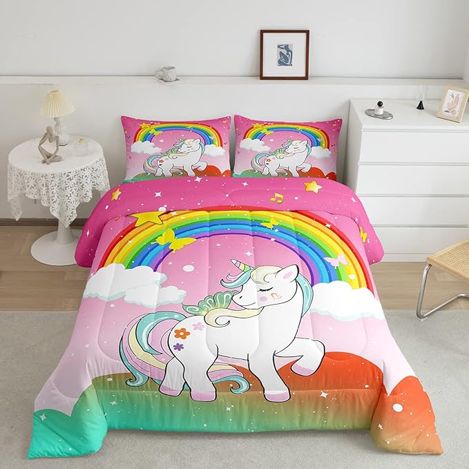 Unicorn Bedding Twin For Girls Kawaii Rainbow Unicorn Quilt Kids Galaxy Stars Comforter Set White Horse Floral Duvet Insert Fantasy Girls Room Decor Children Unicorn Reversible Pink With 1 Pillowcase - LeafyLoom