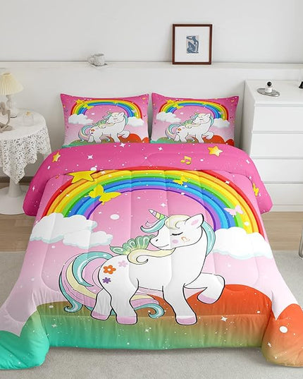 Girls Unicorn Comforter Set Full Size Kawaii Cute Unicorn Bedding Sets Ombre Starry Sky Down Comforter Cartoon Horse Quilt Colorful Rainbow Butterfly Reversible Comforters & Sets Bedroom Decor,3Pcs - LeafyLoom