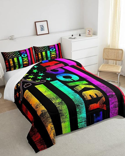 Erosebridal Boys Ice Hockey Bedding Set King Neon Rainbow American Flag Comforter Set for Kids Teen,Winter Sports Games Bed Comforter Set Retro Colorful Stripes Stars Quilt Duvet 2 Pillow Cases Black - LeafyLoom