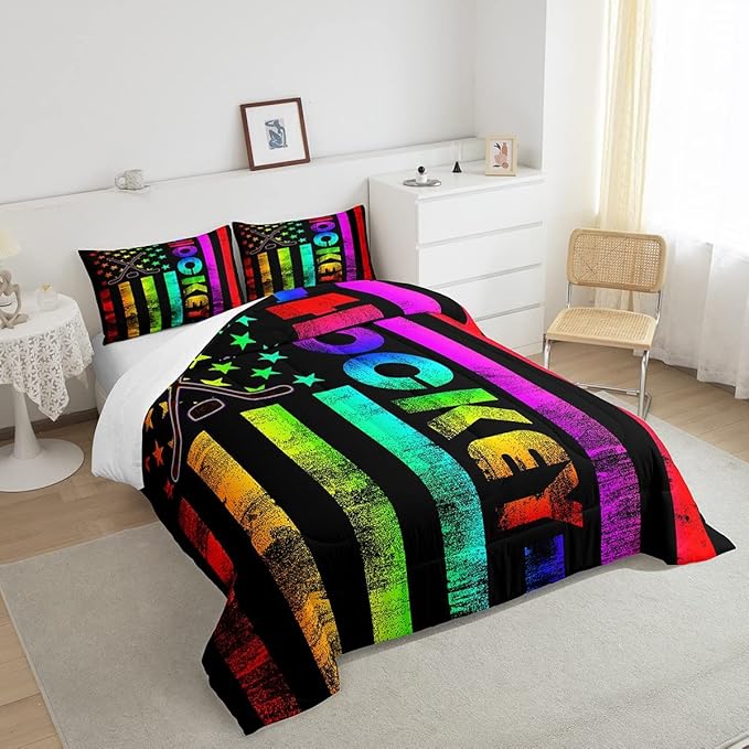 Erosebridal Boys Ice Hockey Bedding Set King Neon Rainbow American Flag Comforter Set for Kids Teen,Winter Sports Games Bed Comforter Set Retro Colorful Stripes Stars Quilt Duvet 2 Pillow Cases Black - LeafyLoom
