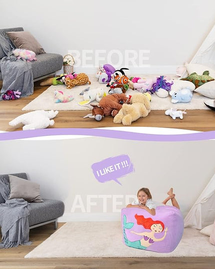 Aubliss Unicorn Stuffed Animal Storage Bean Bag Chair for Kids, Velvet Extra Soft Beanbag Chairs Cover, X-Large Stuffable Zipper Bean Bag for Organizing Plush Toys Girls Bedroom Decor, Purpl - LeafyLoom