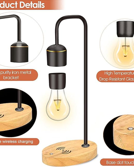 Magnetic Levitating Light Bulb Levitation Real Wood Black Floating Desk Lamp LED Night Lights with Luxury Wireless Charging Pad (Apple/Android) for Christmas Gift - LeafyLoom