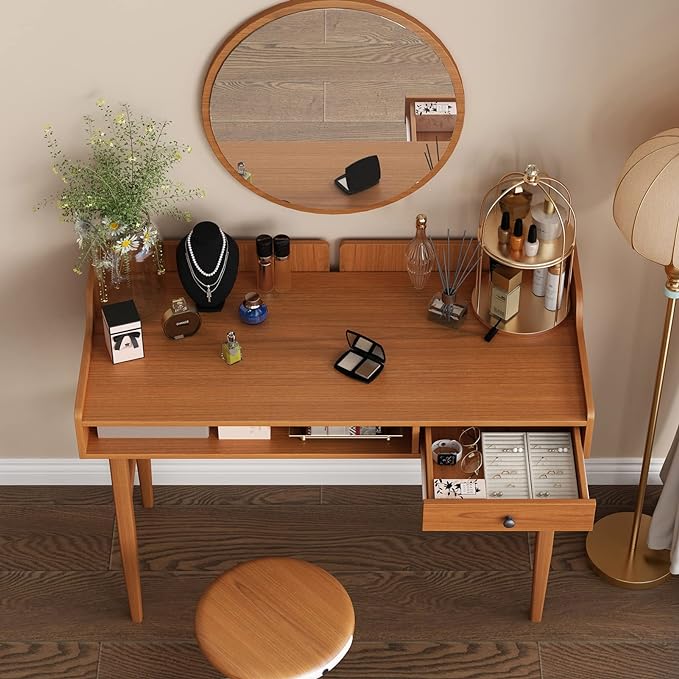 Vintage-style Desk with Scandinavian Flair, Computer or Laptop Desk, Writing Desk with Drawer and Open Storage Cubby, Small Space Dressing Table. - LeafyLoom