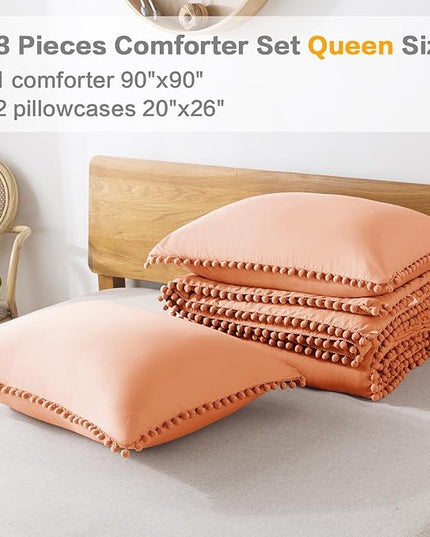Litanika Queen Size Comforter Set Coral,3 Pieces Coral Boho Pom Pom Lightweight Bed Comforter, All Season Soft Solid Color Bedding Comforter Sets (1 Comforter 90x90 Inch, 2 Pillowcases) - LeafyLoom