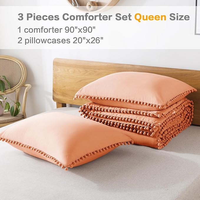 Litanika Queen Size Comforter Set Coral,3 Pieces Coral Boho Pom Pom Lightweight Bed Comforter, All Season Soft Solid Color Bedding Comforter Sets (1 Comforter 90x90 Inch, 2 Pillowcases) - LeafyLoom