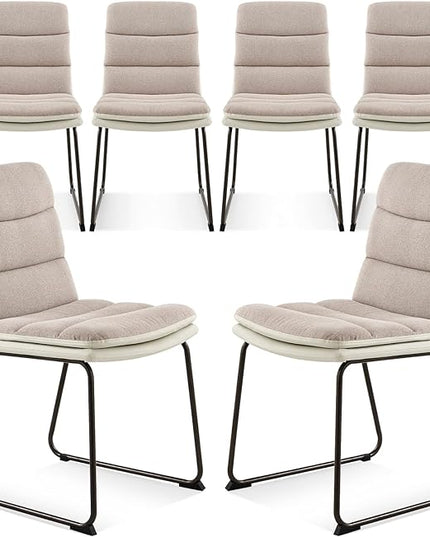COLAMY Dining Chairs Set of 6, Modern Waffle Fabric Dining Chairs, Faux Leather Kitchen Chairs with Back for Dining Living Waiting Room, Light Brown - LeafyLoom