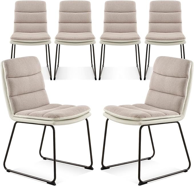 COLAMY Dining Chairs Set of 6, Modern Waffle Fabric Dining Chairs, Faux Leather Kitchen Chairs with Back for Dining Living Waiting Room, Light Brown - LeafyLoom