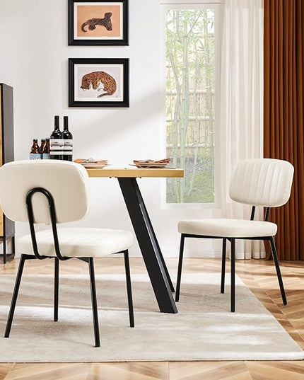Sweetcrispy Dining Chairs Set of 2, Upholstered Mid Century Modern Kitchen Dining Room Accent Chairs with Faux Leather Cushion Seat & Metal Legs for Kitchen, Living Room - Cream - LeafyLoom