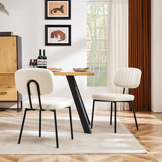 Sweetcrispy Dining Chairs Set of 2, Upholstered Mid Century Modern Kitchen Dining Room Accent Chairs with Faux Leather Cushion Seat & Metal Legs for Kitchen, Living Room - Cream - LeafyLoom