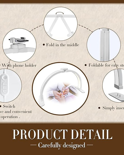 LIGHTLY Half Moon Light for Nail Desk Foldable with Phone Holder, Nail Tech Lamp for Desk with Wire Controller, 3 Color Modes, 5 Brightness for Eyelash Extensions, Tattoo, Nail Art Lighting - LeafyLoom