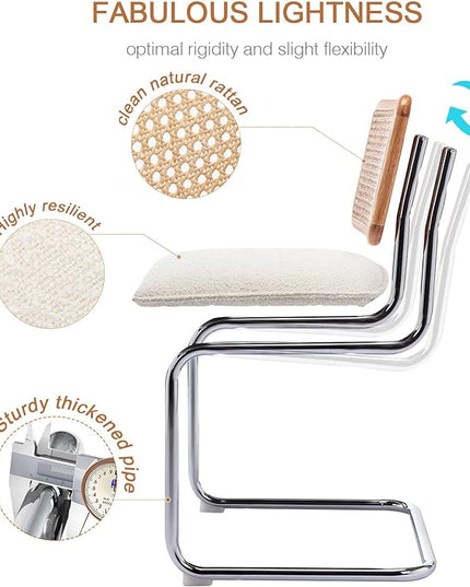 Zesthouse Rattan Dining Chairs Set of 4, Upholstered Boucle Kitchen Chairs, Mid Century Modern Breuer Designed Chairs, Armless Accent Chairs with Natural Cane Back & Stainless Chrome Base - LeafyLoom
