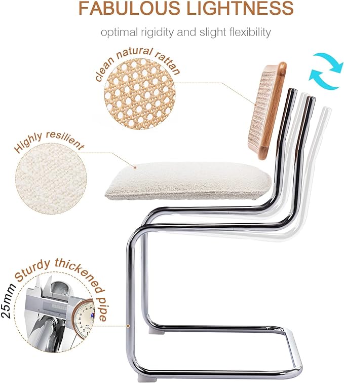 Zesthouse Mid Century Modern Dining Chairs Set of 2, Upholstered Boucle Kitchen Chairs, Famous Breuer Designed Chairs, Armless Accent Chairs with Natural Cane Back & Stainless Chrome Base - LeafyLoom