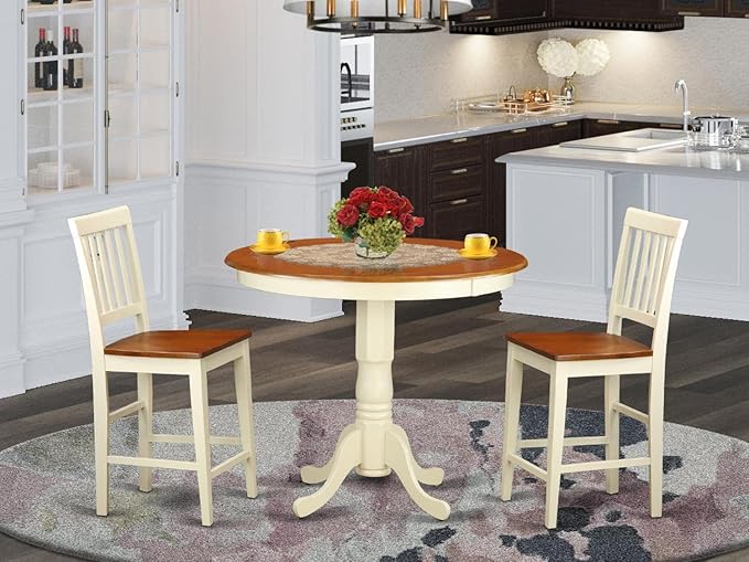 East West Furniture JAVN3-WHI-W 3 Piece Counter Height Dining Set for Small Spaces Contains a Round Dining Room Table with Pedestal and 2 Wooden Seat Chairs, 36x36 Inch, Buttermilk & Cherry - LeafyLoom