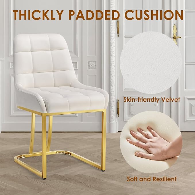 STARY Upholstered Velvet Armless Dining Room Chairs with Gold Metal Legs for Kitchen Restaurant, Beige- Set of 2 - LeafyLoom