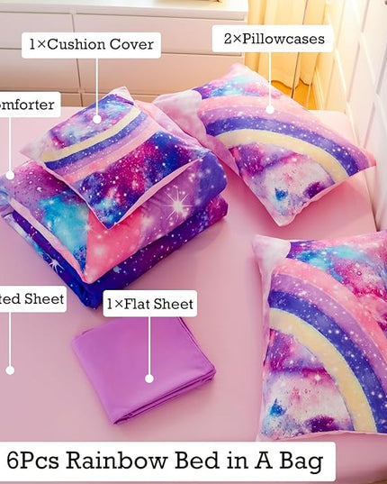 6 Pcs Tie Dye Pink Twin Comforter Set for Girls, 3D Rainbow Galaxy Gradient Themed Bed in A Bag, Pastle Nebula Kids Bedding Set with Sheets, Comforter and Pillowcases for All Season - LeafyLoom