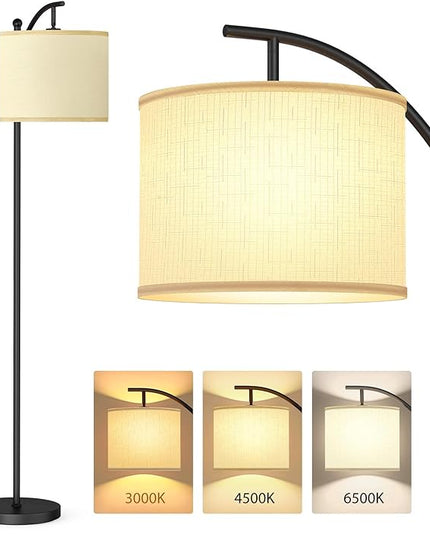 addlon Floor Lamp for Living Room with 3 Color Temperatures, Standing lamp with Linen lampshade for Bedroom, Office, Lamps with 9W LED Bulb Included - Black with Cream Lampshade - LeafyLoom