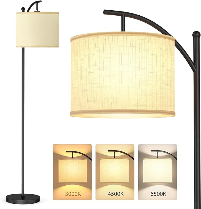 addlon Floor Lamp for Living Room with 3 Color Temperatures, Standing lamp with Linen lampshade for Bedroom, Office, Lamps with 9W LED Bulb Included - Black with Cream Lampshade - LeafyLoom
