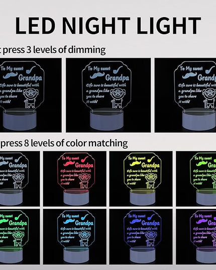 Night Lamp Gifts for Grandpa: Engraved Acrylic LED Rechargeable Night Lamp with 3 Level of Dimming and 10 Color Modes-Grandfather's Birthday Christmas Father's Day Gifts from Grandchildren - LeafyLoom