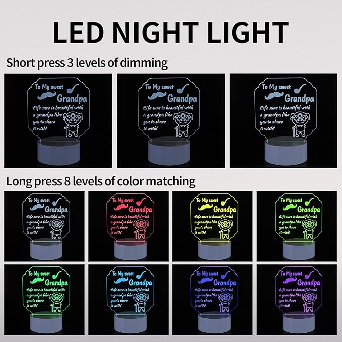 Night Lamp Gifts for Grandpa: Engraved Acrylic LED Rechargeable Night Lamp with 3 Level of Dimming and 10 Color Modes-Grandfather's Birthday Christmas Father's Day Gifts from Grandchildren - LeafyLoom