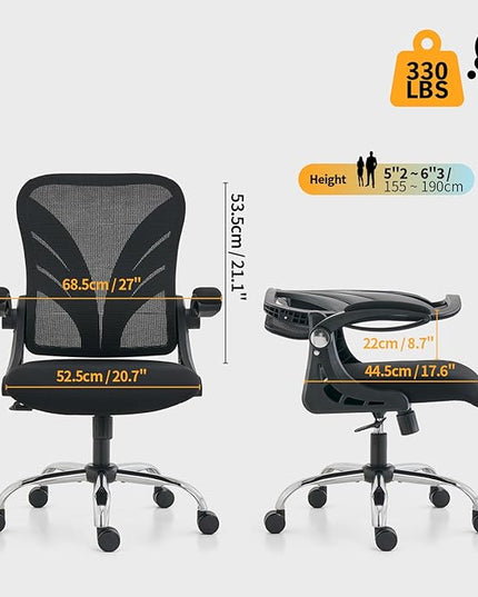 Ergonomic Office Chair with Foldable Backrest, Computer Desk Chair with Flip-up Armrests, Mesh Lumbar Support and Tilt Function Big and Tall Office Chair, Black - LeafyLoom