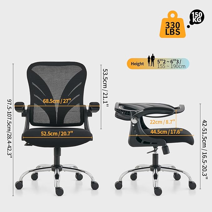 Ergonomic Office Chair with Foldable Backrest, Computer Desk Chair with Flip-up Armrests, Mesh Lumbar Support and Tilt Function Big and Tall Office Chair, Black - LeafyLoom
