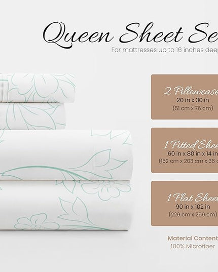 Linen Market 3 Piece Sheet Set Patterned, Queen, Vine Aqua - LeafyLoom