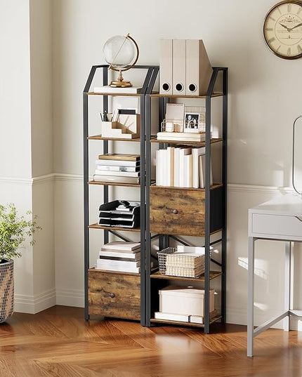 6 Tier Bookshelf, Book Shelf with Removable Drawer, Tall Narrow Bookcase with Shelves, Standing Display Shelf, Storage Organizer, for Bedroom, Home Office, Rustic Brown and Black SJ06BR - LeafyLoom