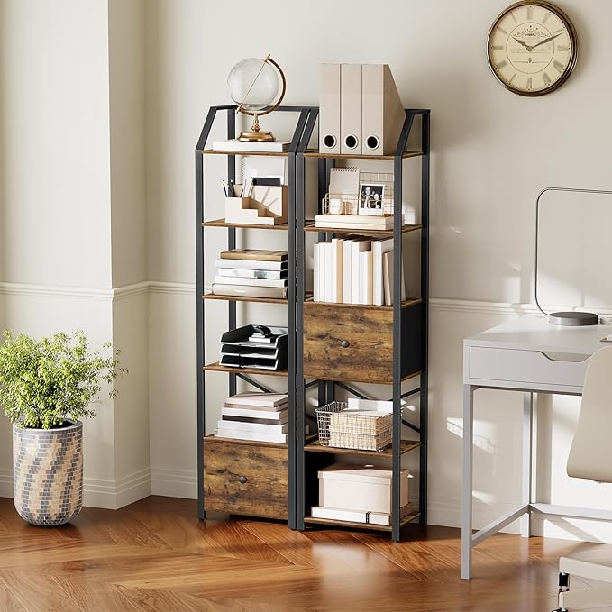 6 Tier Bookshelf, Book Shelf with Removable Drawer, Tall Narrow Bookcase with Shelves, Standing Display Shelf, Storage Organizer, for Bedroom, Home Office, Rustic Brown and Black SJ06BR - LeafyLoom