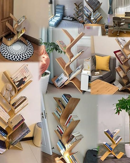 8-Tier Floor Bamboo Tree Bookshelf, Modern Standing Bookcase Office Book Storage Creative Curved Rack Organizer Shelves, Book Shelf Space Saver for Home Living Room Corner Bedroom - LeafyLoom
